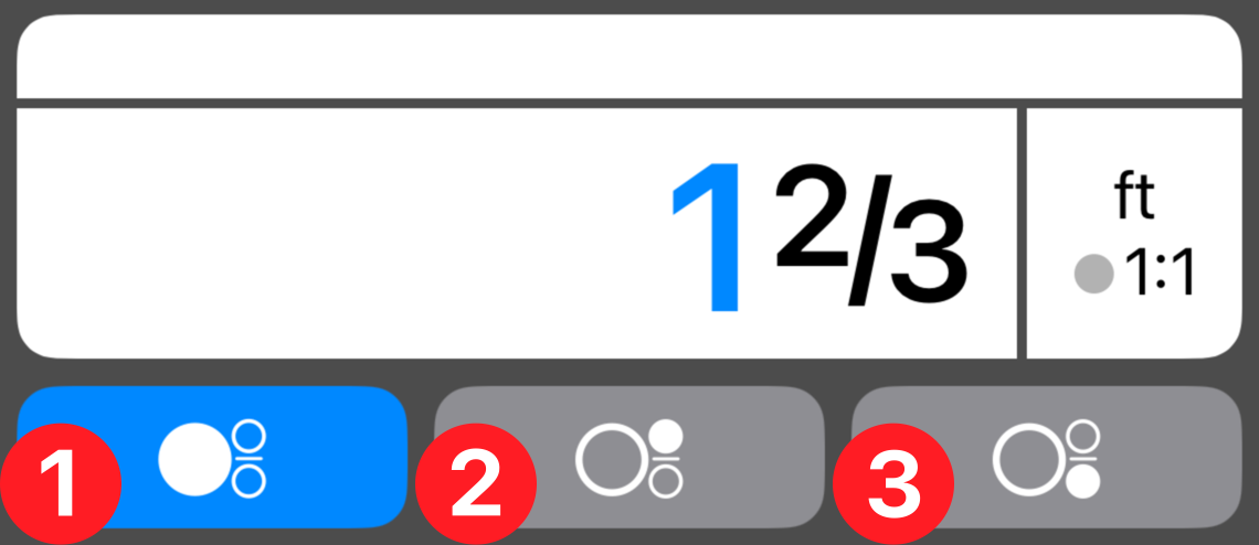 Whole number, numerator, and denominator fraction entry buttons, labeled with three numbered callouts