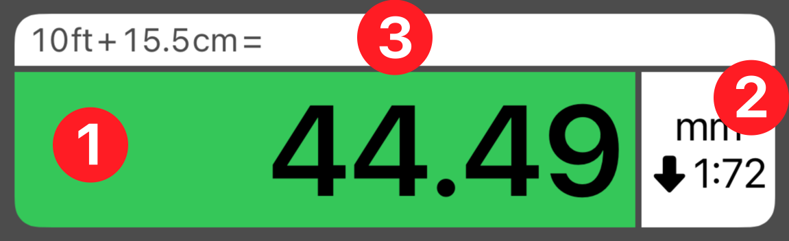 Result display labeled with three numbered callouts: result field, scale and unit, expression field