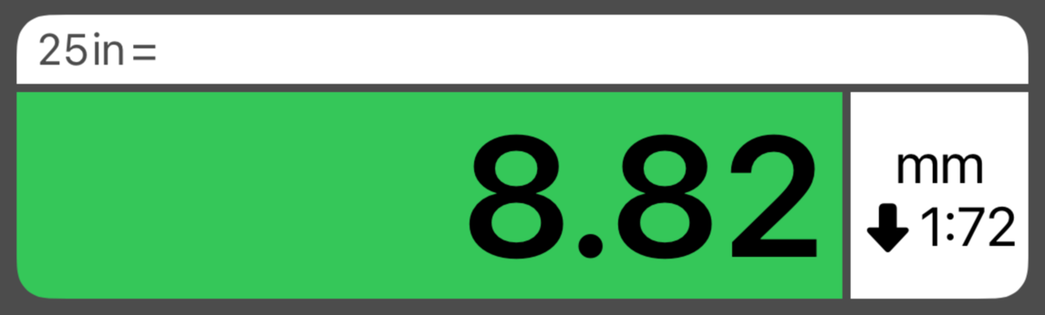 Result scale and unit shown in the result display, with a scale-direction arrow