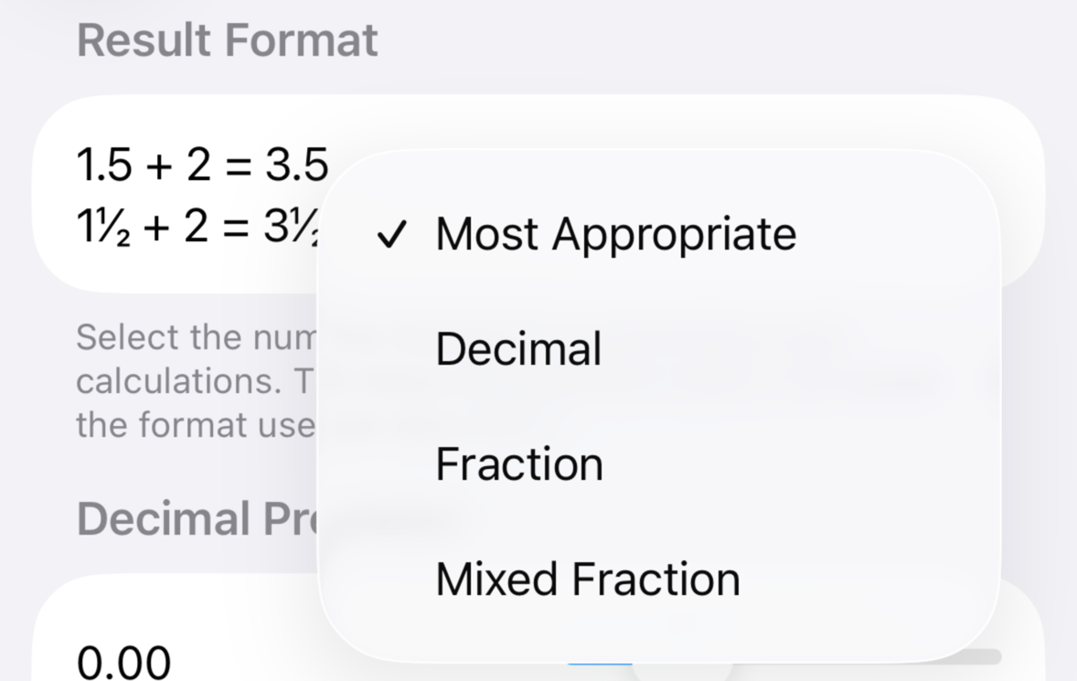 Result format options: Most Appropriate, Decimal, Fraction, Mixed Fraction