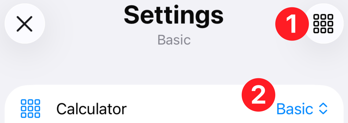 Setup screen with the calculator switcher and grid icon labeled with two numbered callouts