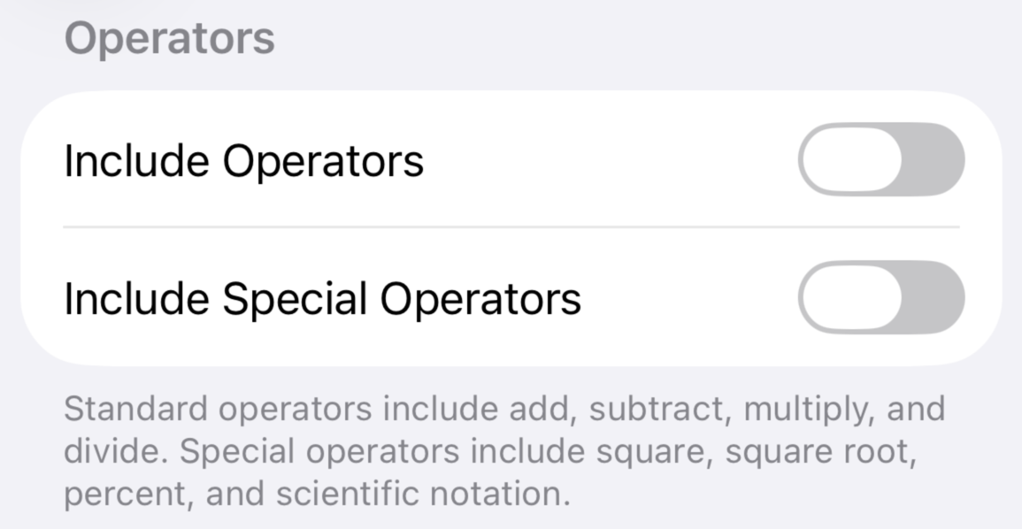 Toggles for the add, subtract, multiply, and divide operators