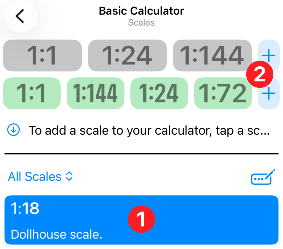 Adding a scale to a row with the plus button, labeled with two numbered callouts