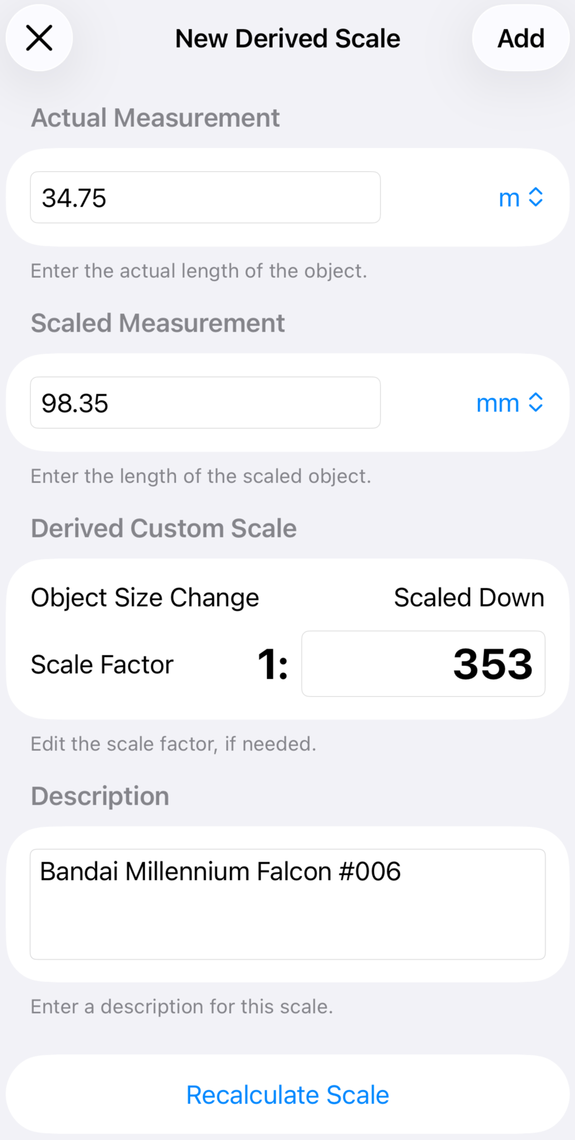 Entering the actual and scaled measurements to derive a custom scale