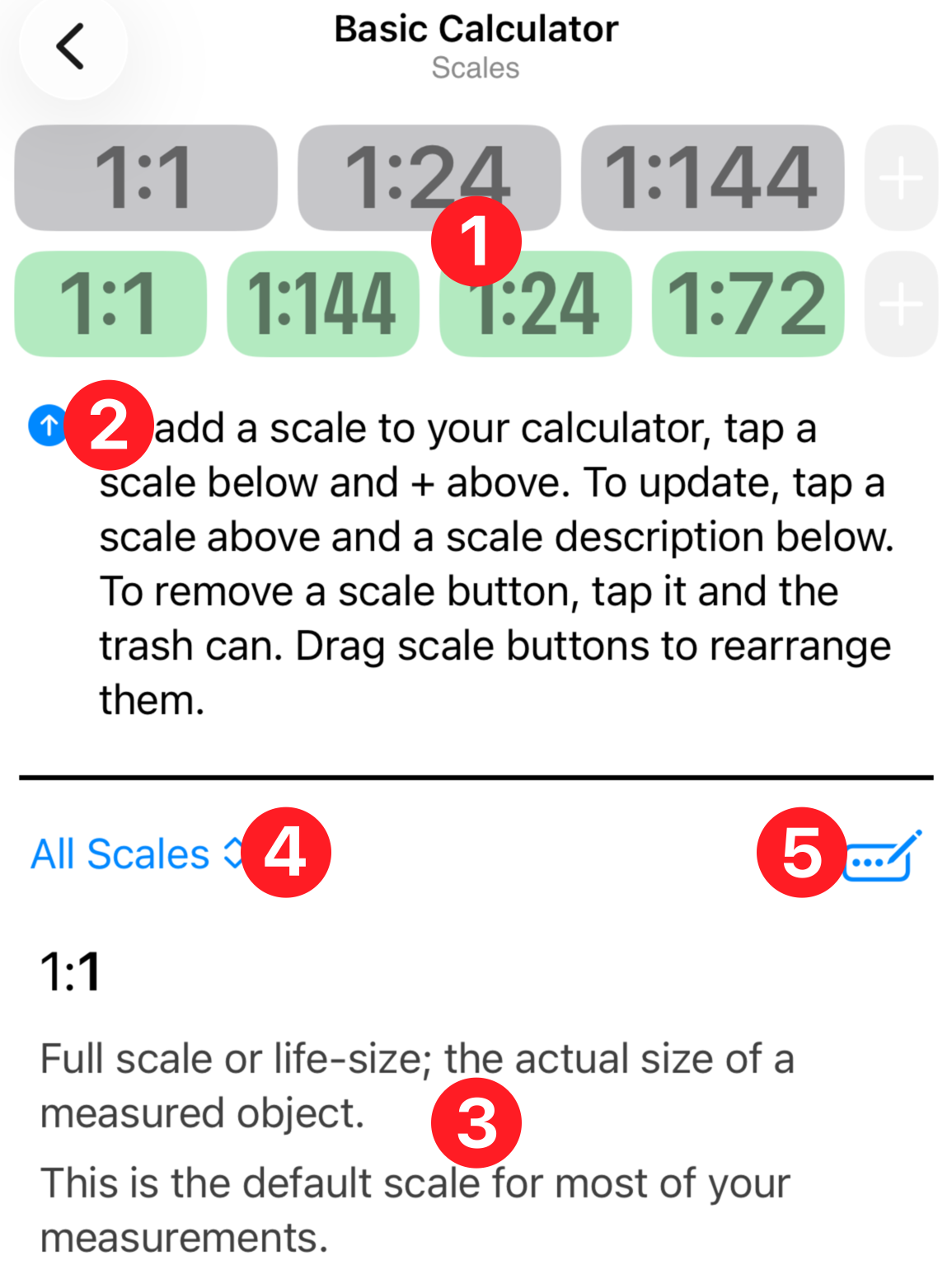 Scales management screen with four numbered callouts