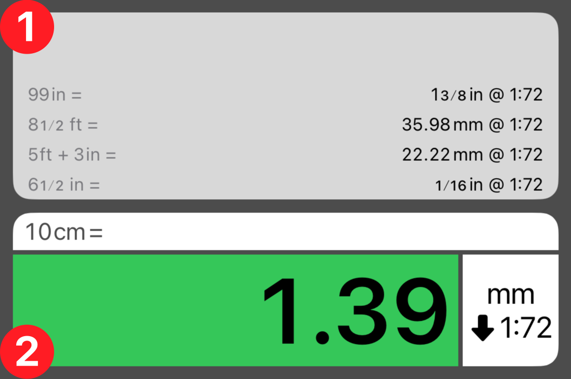 History tape above a green result display, labeled with two numbered callouts