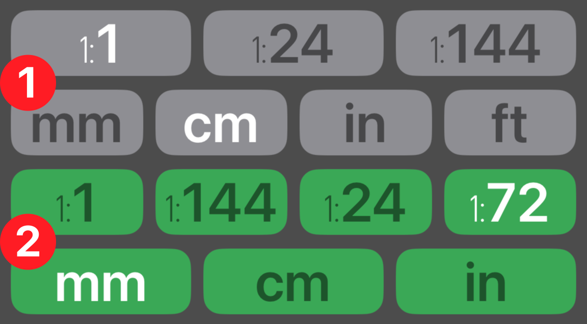 Measurement scale and unit row above the highlighted result scale and unit row, labeled with two numbered callouts